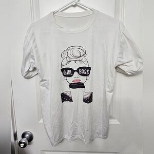 White Graphic Tee with Girl Boss Design
